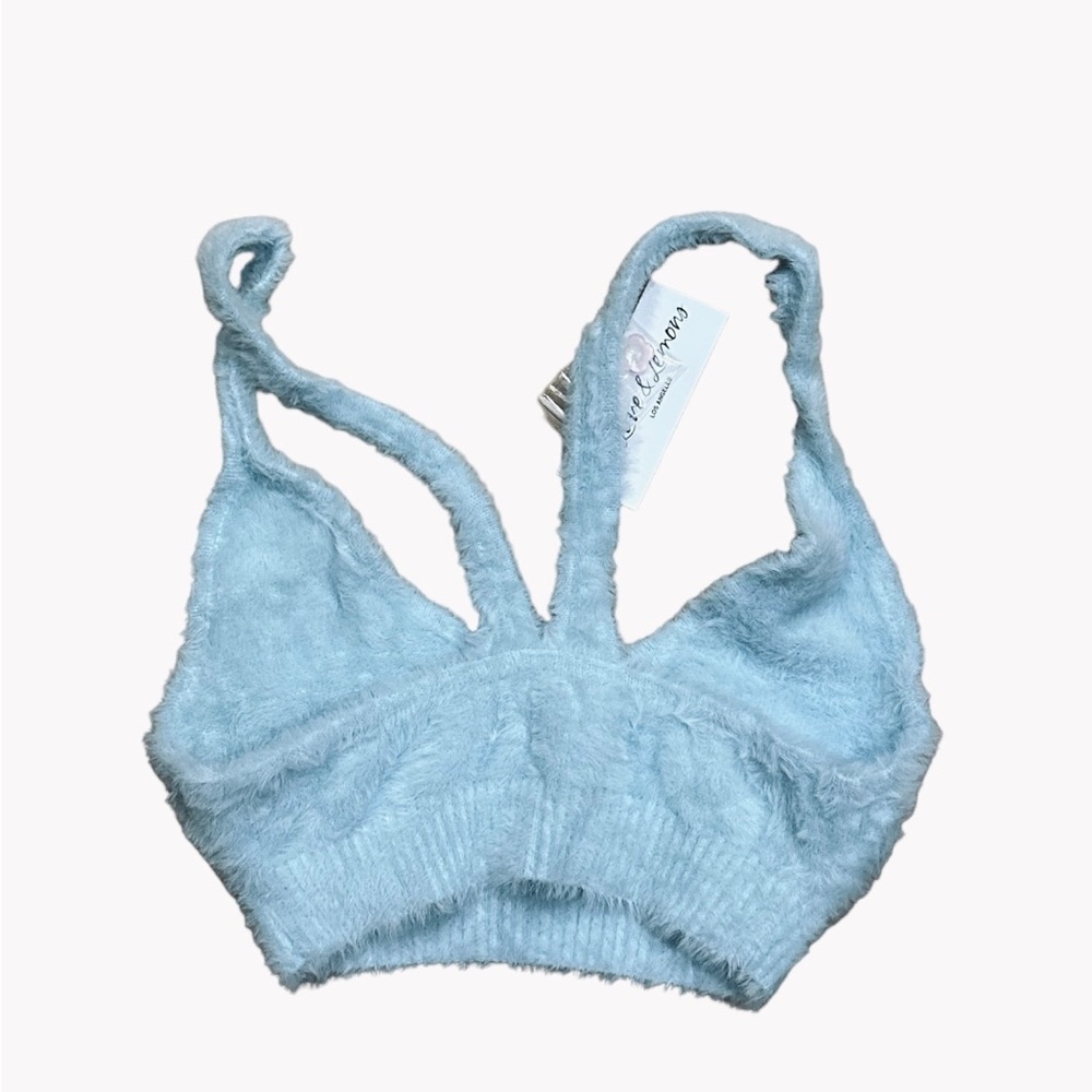 For Love and Lemons Devon Sleeveless Fuzzy Crop Top Large NEW NWT LIGHT BLUE - Picture 5 of 5